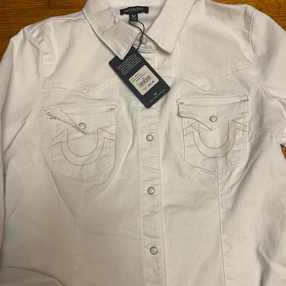 True Religion Western White Shirt Jacket W/Pearl Snaps Denim Stretch Size XL - Picture 2 of 9